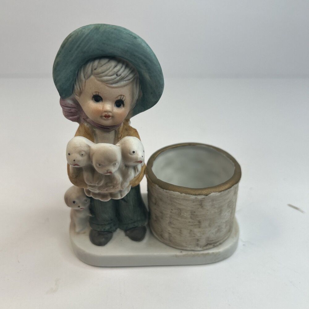 Vintage 1976 Little Luvkins George Good Porcelain Boy Puppies Planter Figurine